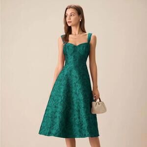RIHOAS Green Sweetheart Neck Jacquard Midi Dress XS